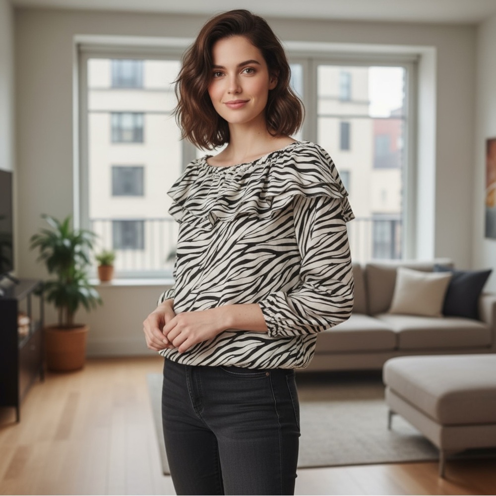 NWT MICHAEL Michael Kors Stadium Ruffled Off the Shoulder Top Animal Print